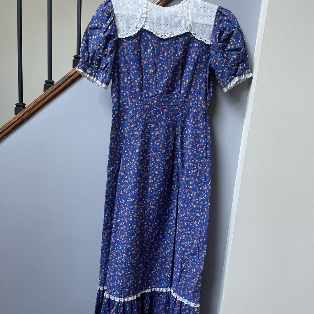Sears Navy Floral Maxi Dress with White Lace Accents